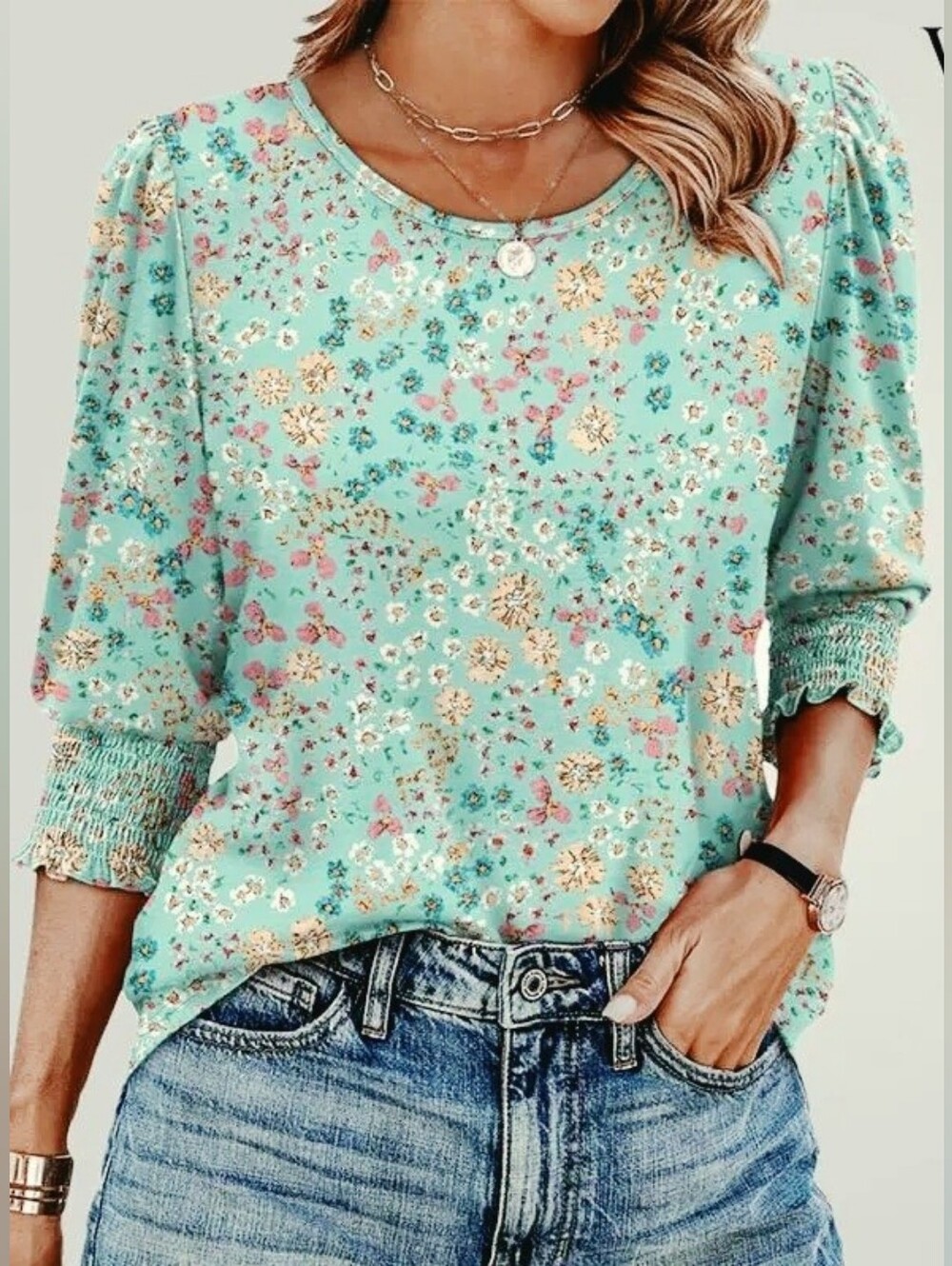 SHEIN Mint Green Blouse with Flowers & Puff Sleeves, Size Large